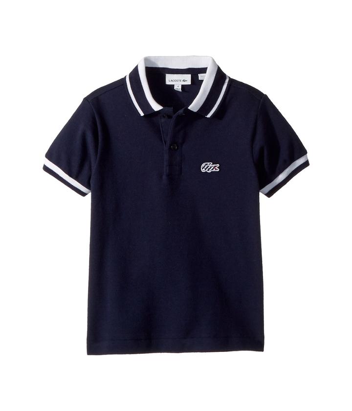 Lacoste Kids Short Sleeve Candy Stripe Croc Polo (infant/toddler/little Kids/big Kids) (navy Blue/white) Boy's Short Sleeve Pullover