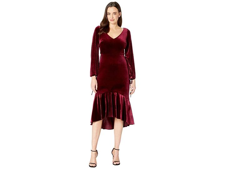 Taylor V-neck Long Ruched Sleeve Flounce Skirt Velvet Dress (wine) Women's Dress