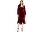 Taylor V-neck Long Ruched Sleeve Flounce Skirt Velvet Dress (wine) Women's Dress