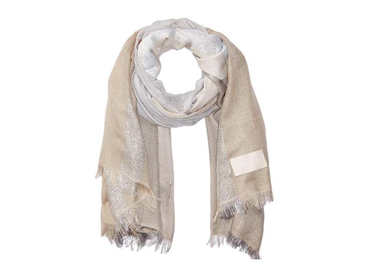 Calvin Klein Color Block Plaid Scarf With Lurex (heathered Almond) Scarves