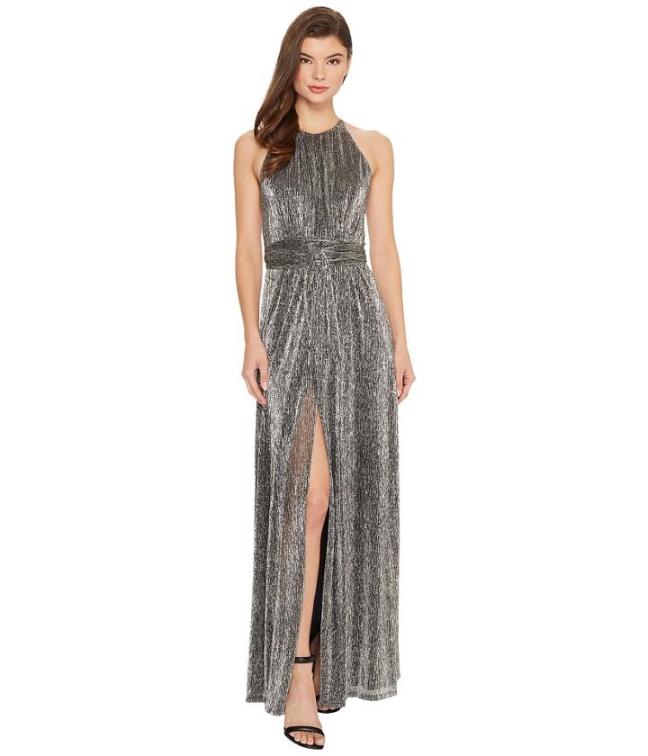 Halston Heritage Sleeveless High Neck Texture Metallic Gown W/ Strap Detail (steel) Women's Dress