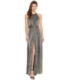 Halston Heritage Sleeveless High Neck Texture Metallic Gown W/ Strap Detail (steel) Women's Dress