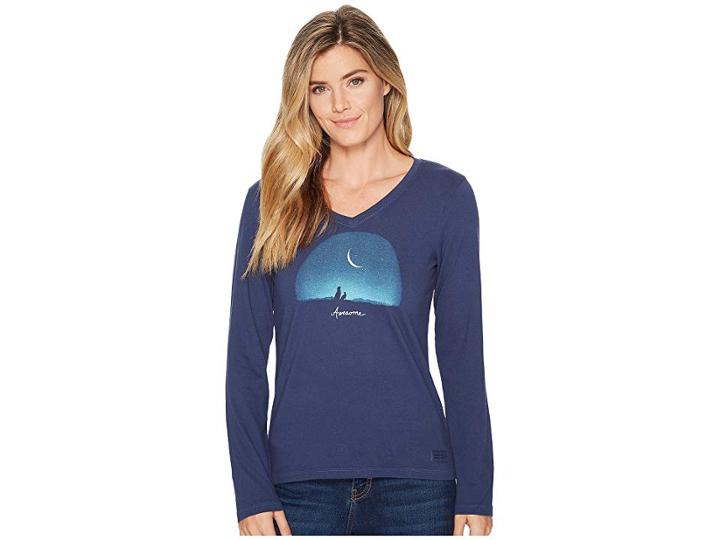 Life Is Good Awesome Night Long Sleeve Crusher Vee (darkest Blue) Women's T Shirt
