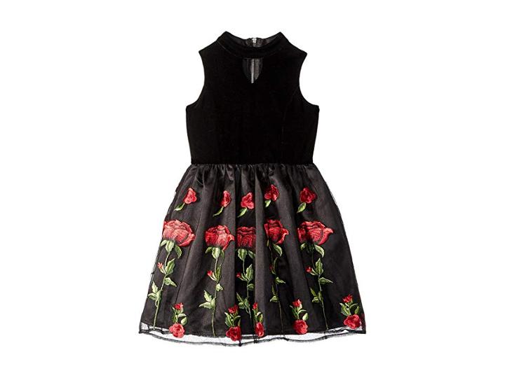 Us Angels Sleeveless Stretch Velvet Dress With Embriodered Lace Skirt (big Kids) (black/red) Girl's Dress