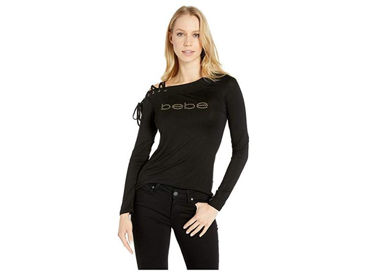 Bebe Long Sleeve One Shoulder Strappy Top (jet Black) Women's Long Sleeve Pullover