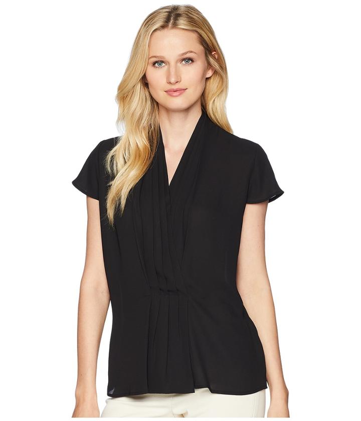Calvin Klein Cap Sleeve Pleat Front Top (black) Women's Clothing