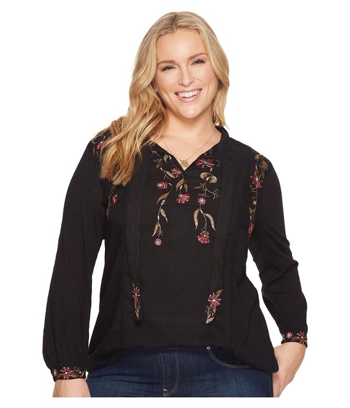 Lucky Brand Plus Size Tie Neck Top (black Multi) Women's Clothing
