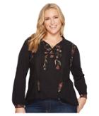 Lucky Brand Plus Size Tie Neck Top (black Multi) Women's Clothing
