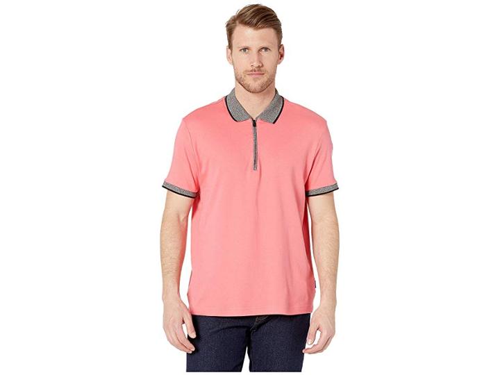 Kenneth Cole New York Short Sleeve Marbled Collar Interlock Zip Polo (coral) Men's Clothing