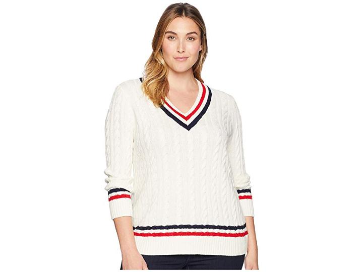 Lauren Ralph Lauren Plus Size Cable-knit Cricket Sweater (mascarpone Cream/navy/crimson) Women's Sweater
