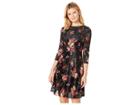 Eci Floral Burnout Fit Flare Dress With 3/4 Sleeves (black/red) Women's Dress