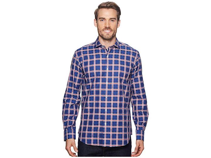 Bugatchi Shaped Fit Long Sleeve Plaid Woven Shirt (navy 1) Men's Long Sleeve Button Up