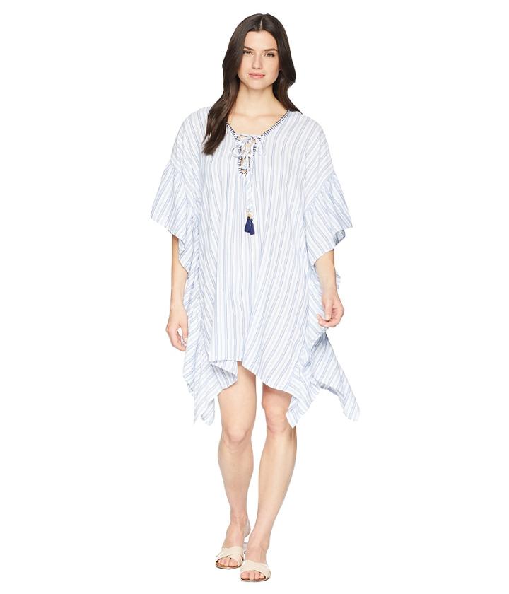 Tommy Bahama Yarn-dye Ticking Stripe Lace-up Tunic Cover-up (white) Women's Swimwear