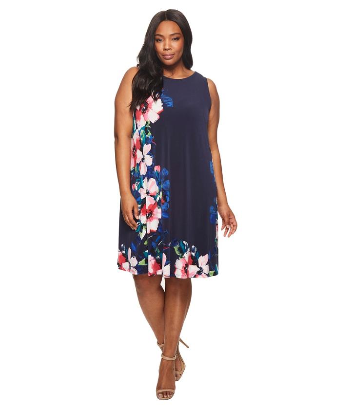 Lauren Ralph Lauren Plus Size Suzan Windell Floral Matte Jersey Dress (lighthouse Navy/pink/multi) Women's Dress