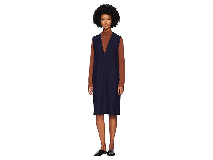 Eileen Fisher Washable Stretch Crepe Deep V-neck Dress (midnight) Women's Dress