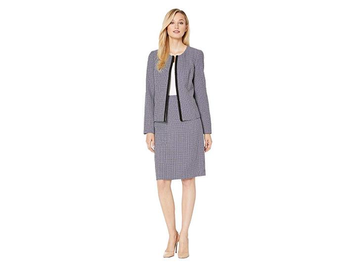 Le Suit Jewel Neck Fly Away Plaid Tweed Skirt Suit (bright Navy Multi) Women's Suits Sets