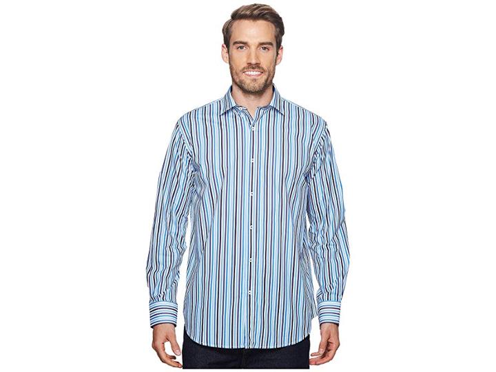 Bugatchi Shaped Fit Striped Woven Shirt (classic Blue) Men's Long Sleeve Pullover