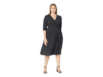 Kiyonna Harmony Faux Wrap Dress (black/ivory Stripe) Women's Dress