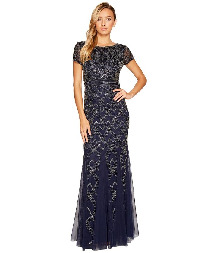 Adrianna Papell Short Sleeve Fully Beaded Gown (navy) Women's Dress