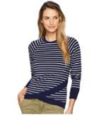 Per Se Round Neck Stripe Reglan Sleeve Crisscross Hem Sweatshirt (navy/white) Women's Sweatshirt