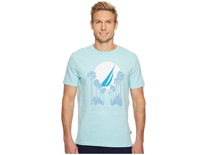 Nautica Short Sleeve Palm 1983 Crew T-shirt (harbor Mist) Men's Clothing