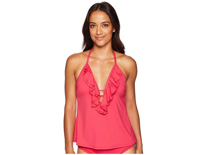 Michael Michael Kors Solids Ruffle Deep V Tankini W/ Molded Cups (deep Pink) Women's Swimwear