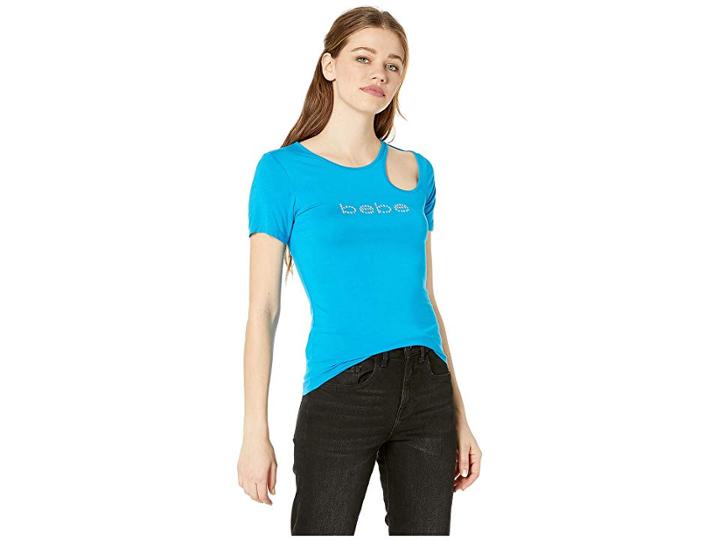 Bebe Short Sleeve Logo Cut Out Tee (menthol Blue) Women's Clothing