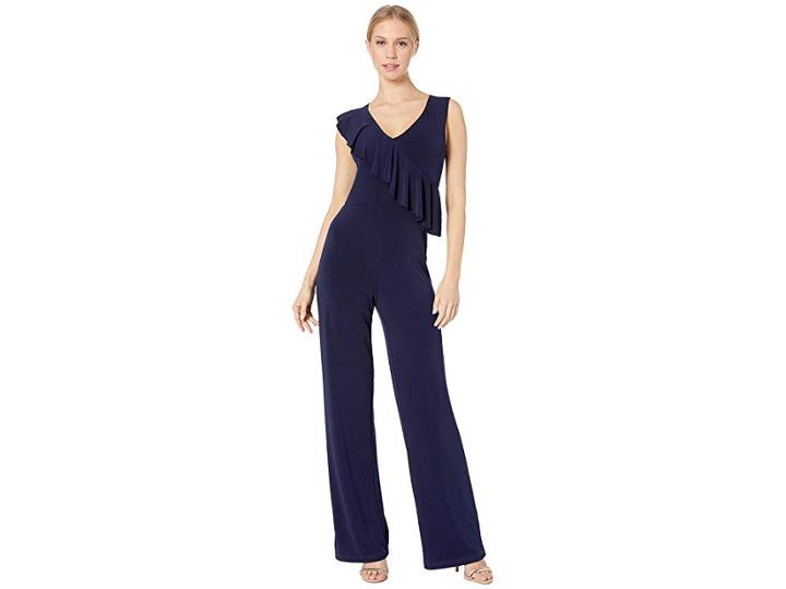 Bebe Asymmetrical Ruffle Jumpsuit (navy) Women's Jumpsuit & Rompers One Piece