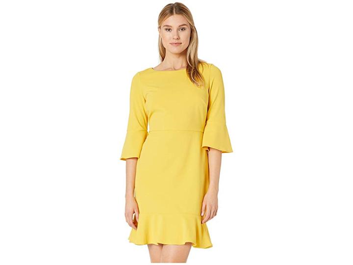 Nine West Drapey Crepe Bell Sleeve Dress With Ruffle Skirt (sunbeam) Women's Dress