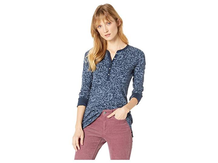 Chaps Cotton Slub 1x1 Rib Long Sleeve Knit (blue Multi) Women's Clothing
