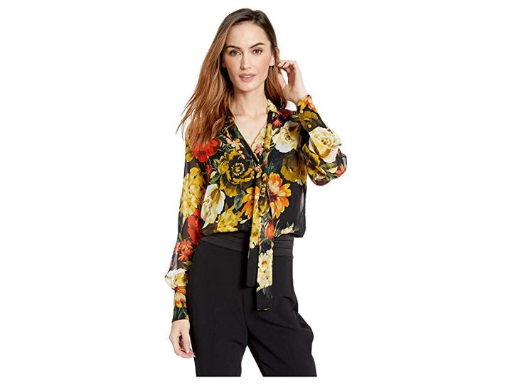 Elliott Lauren Still Life Floral Button Front Shirt With Tie Detail (multi) Women's Clothing