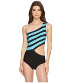 Michael Michael Kors Rope Rugby Stripe One Shoulder Cut Out One-piece Swimsuit W/ Zipper Removable Soft Cups (turquoise) Women's Swimsuits One Piece