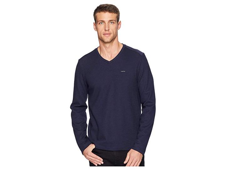 Calvin Klein Long Sleeve Fabric Blocked V-neck (cadet Navy) Men's Clothing