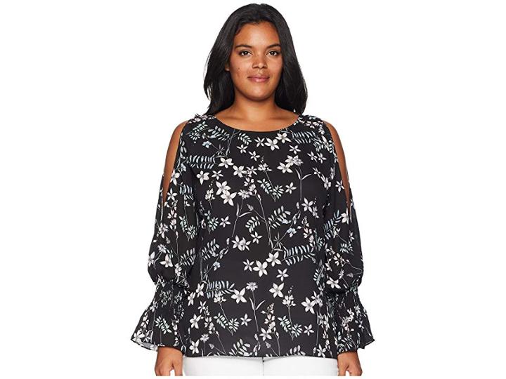 Vince Camuto Specialty Size Plus Size Long Sleeve Flare Cuff Cold Shoulder Botanical Flora Blouse (rich Black) Women's Blouse