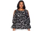 Vince Camuto Specialty Size Plus Size Long Sleeve Flare Cuff Cold Shoulder Botanical Flora Blouse (rich Black) Women's Blouse