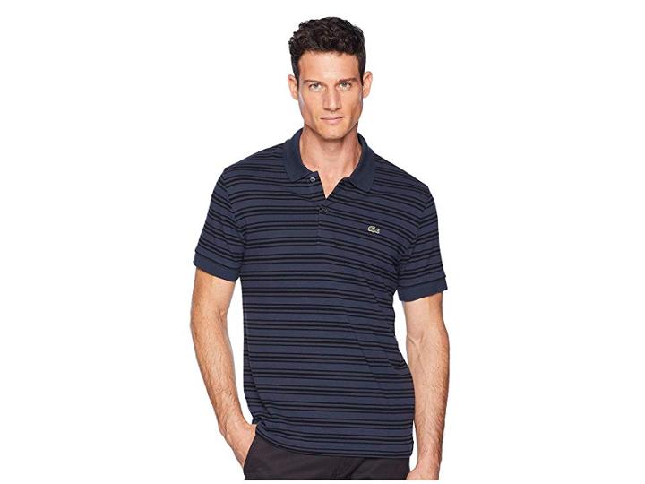Lacoste Short Sleeve Regular Fit Petit Pique Polo W/ Fine Stripes (meridian Blue/black) Men's Clothing