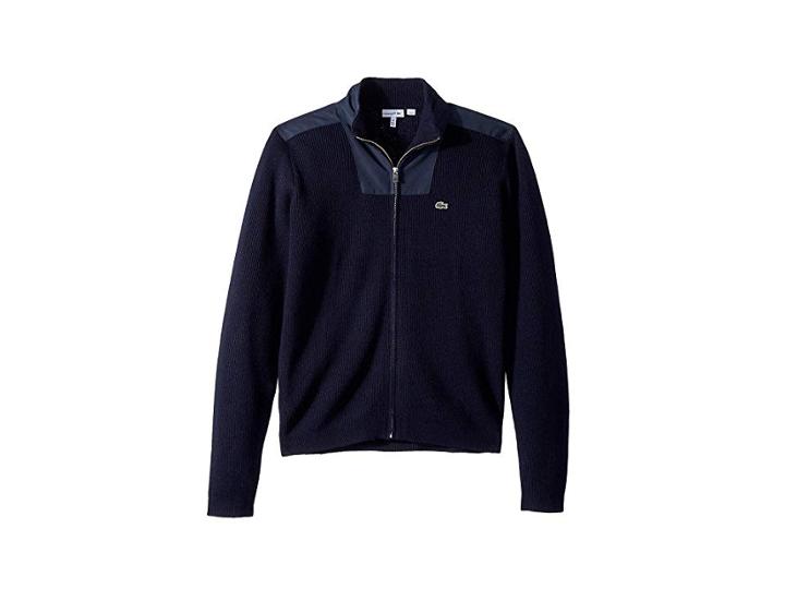 Lacoste Kids Full Zip Sweater With Nylon Details (toddler/little Kids/big Kids) (navy Blue) Boy's Sweater