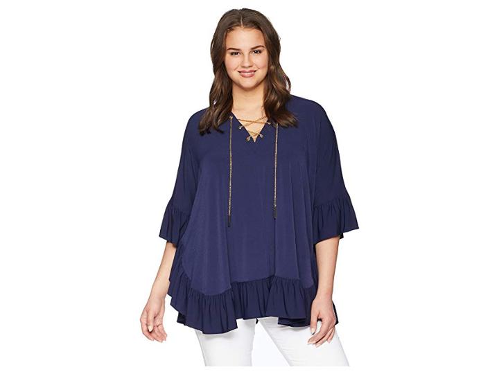 Michael Michael Kors Plus Size Chain Lace Caftan Top (true Navy) Women's Short Sleeve Knit