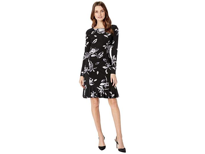 Chaps Floral Long Sleeve Day Dress (black/grey/multi) Women's Dress