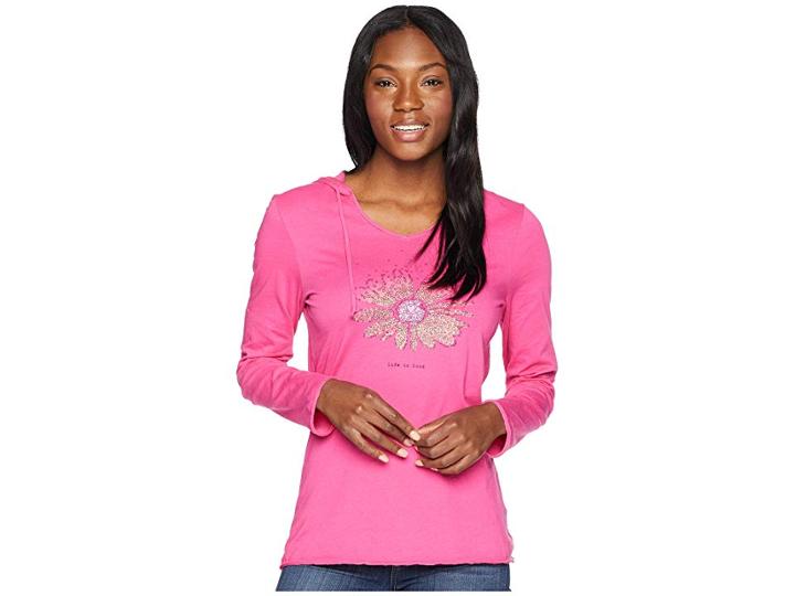Life Is Good Daisy Love Hooded Smooth Tee (fiesta Pink) Women's T Shirt