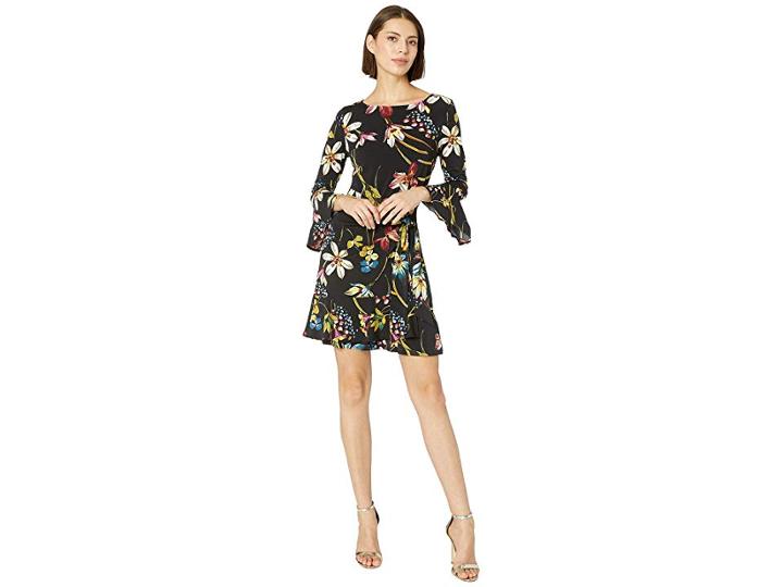 Eci 3/4 Sleeve Floral Printed Faux Tie Front Dress (black/multi) Women's Dress