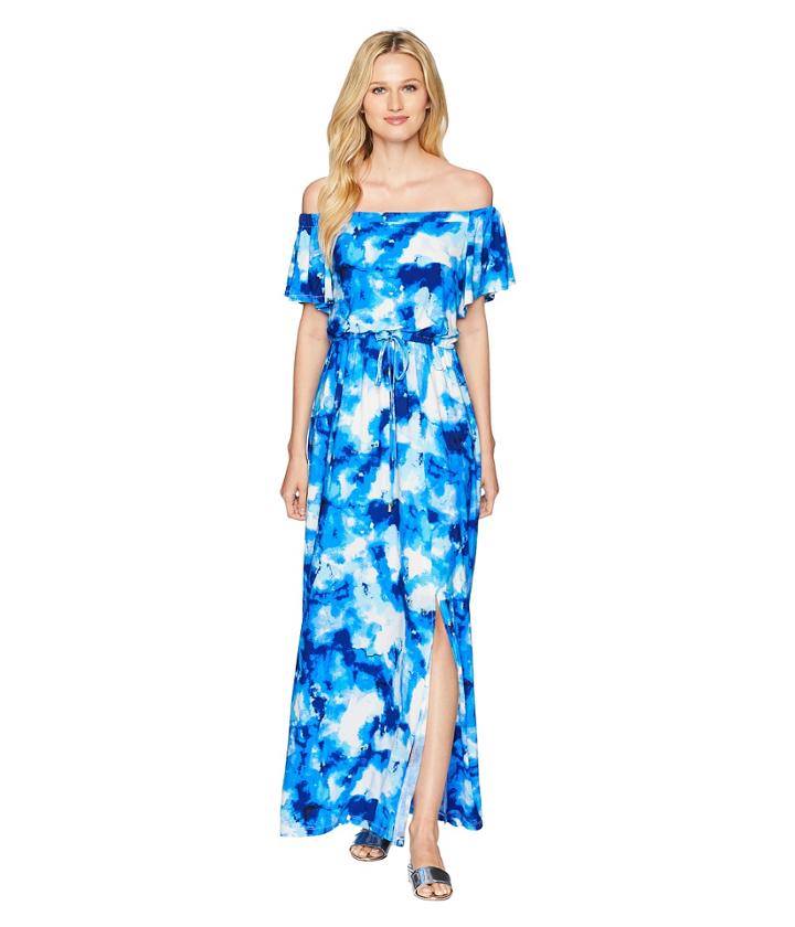 Nine West Ity Off-the-shoulder Blouson Maxi Dress With Waist Tie (cobalt Multi) Women's Dress