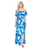 Nine West Ity Off-the-shoulder Blouson Maxi Dress With Waist Tie (cobalt Multi) Women's Dress