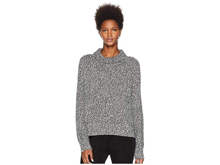 Eileen Fisher Cozy Organic Cotton Cashmere Funnel Neck Box-top (black/soft White) Women's Clothing