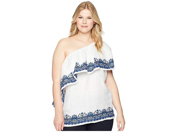 Lauren Ralph Lauren Plus Size One Shoulder Linen Top (white Multi) Women's Clothing