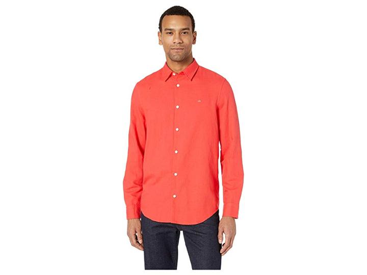 Calvin Klein Long Sleeve Cotton Linen Button Down Shirt (high Risk Red) Men's Clothing