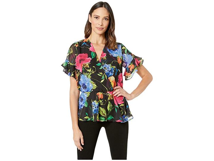 Eci V-neck Floral Printed Wrap Top W/ Elastic Waist (black/multi) Women's Clothing