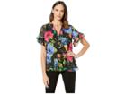 Eci V-neck Floral Printed Wrap Top W/ Elastic Waist (black/multi) Women's Clothing