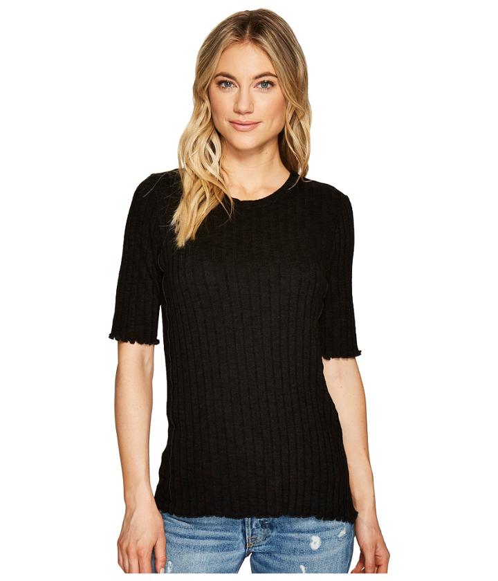 Michael Stars Jasper Poor Boy Rib Round Neck Elbow Sleeve Lettuce Tee (black) Women's Clothing