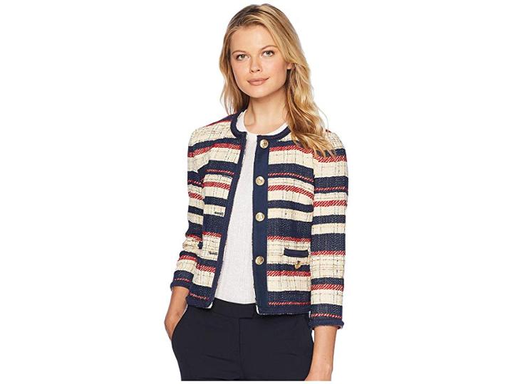 Anne Klein Cotton Striped Jacquard Collarless With Braided Trim Jacket (marine Blue/marine Red Combo) Women's Coat
